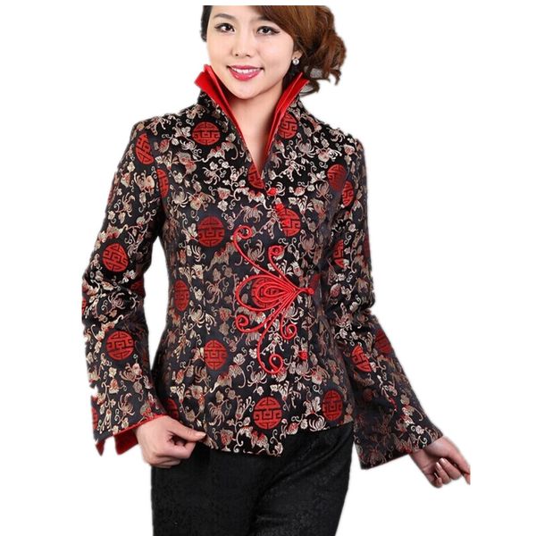black traditional chinese women's silk satin jacket coat flowers size s m xl xxl xxxl ing, Black;brown